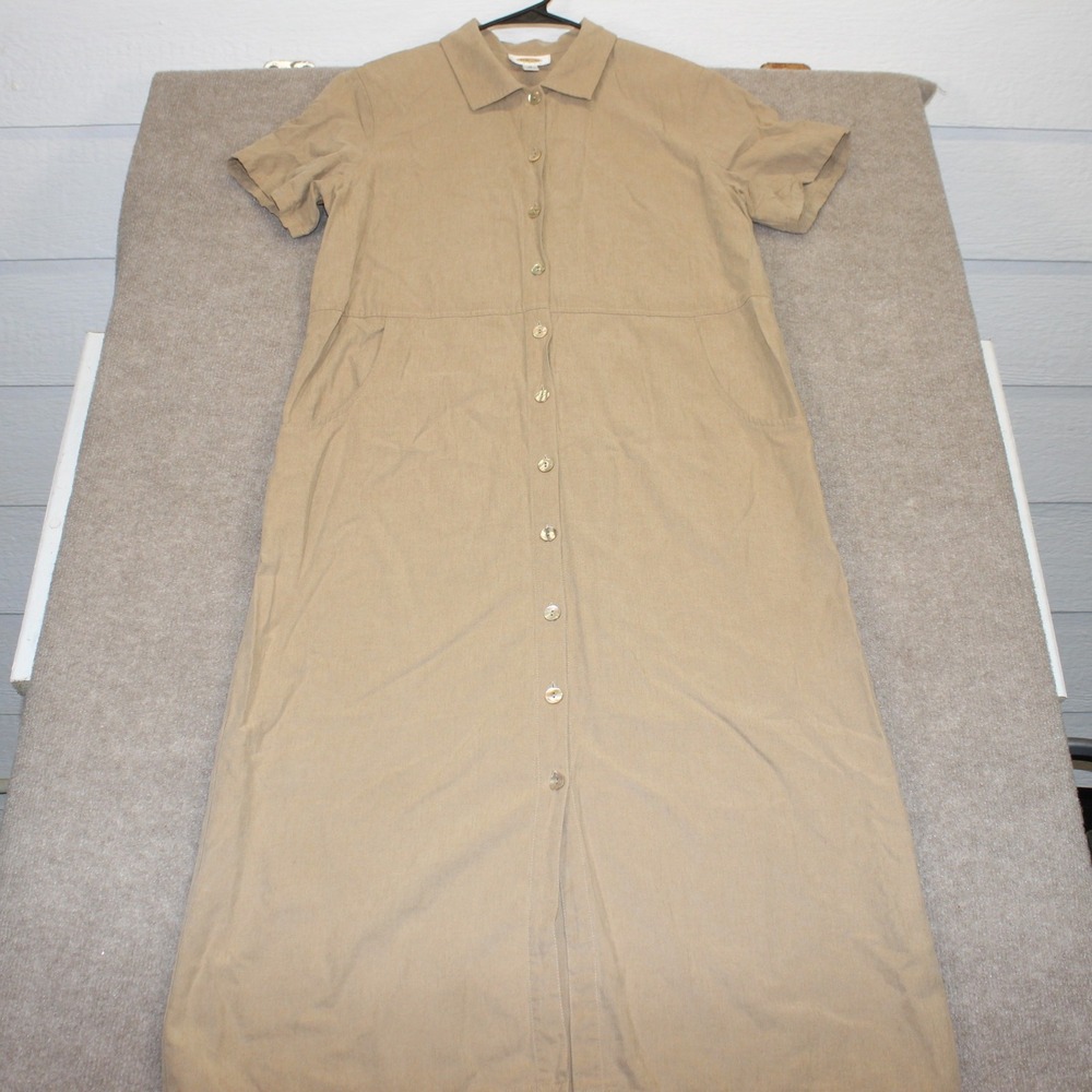 Talbots Petites Tan Khaki Linen Blend Button Front Maxi Shirt Dress Size 14P